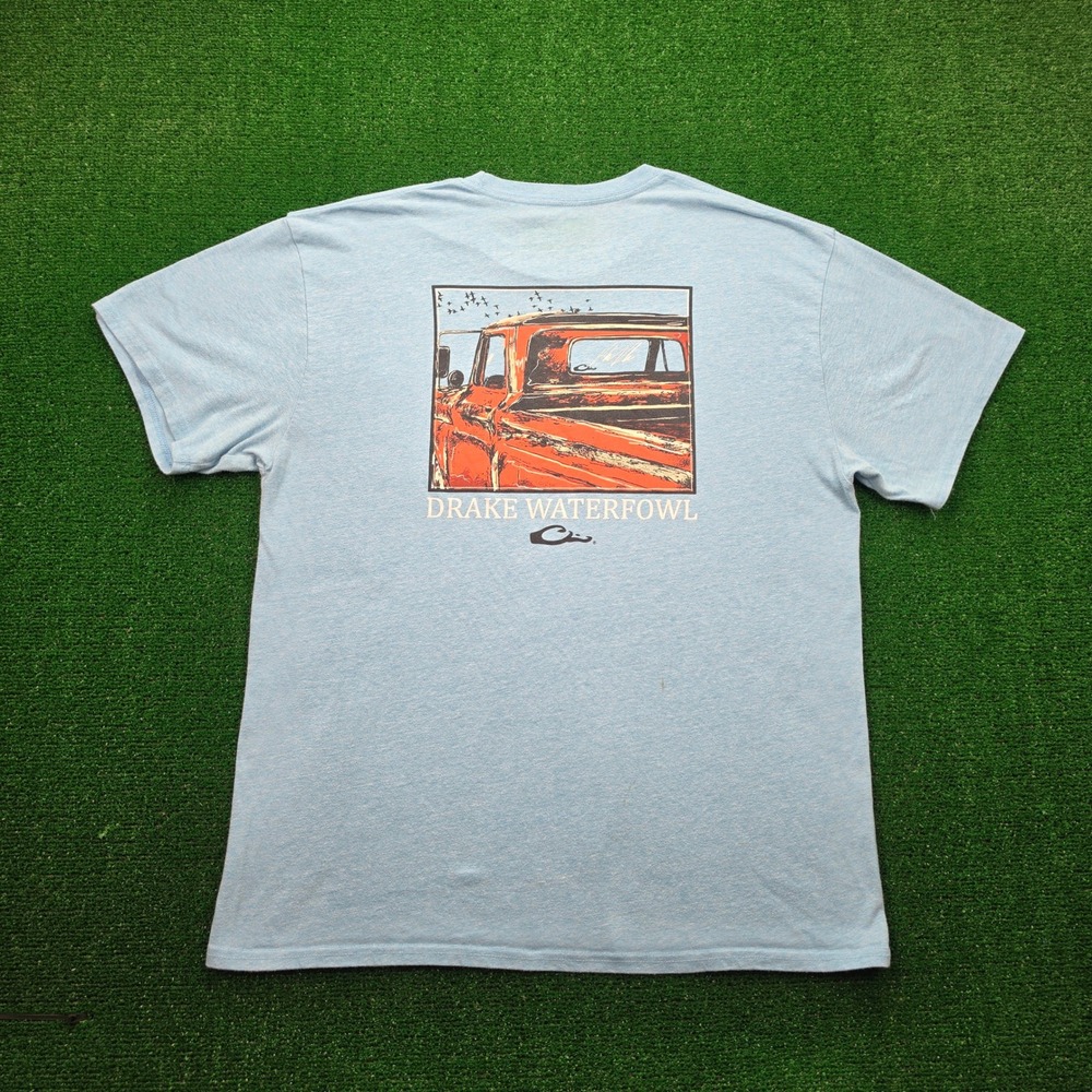 Drake Waterfowl Tshirt Mens XL Sky Blue Vintage Truck Pocket Tee Graphic